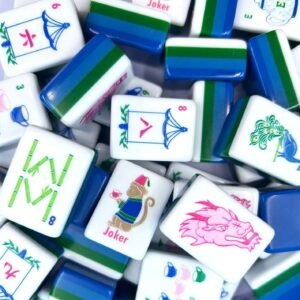 Blue Monkey mahjong tiles tea pots and Cups